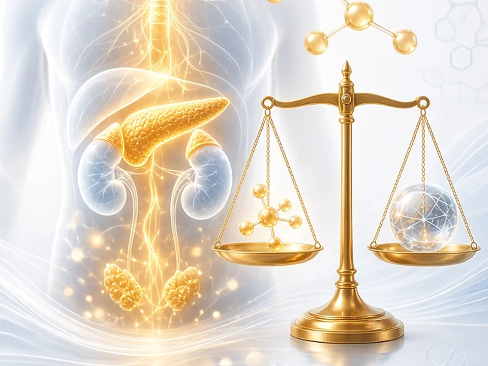 Ilustração do sistema endócrino, com tireoide, pâncreas e glândulas em destaque, ao lado de uma balança dourada